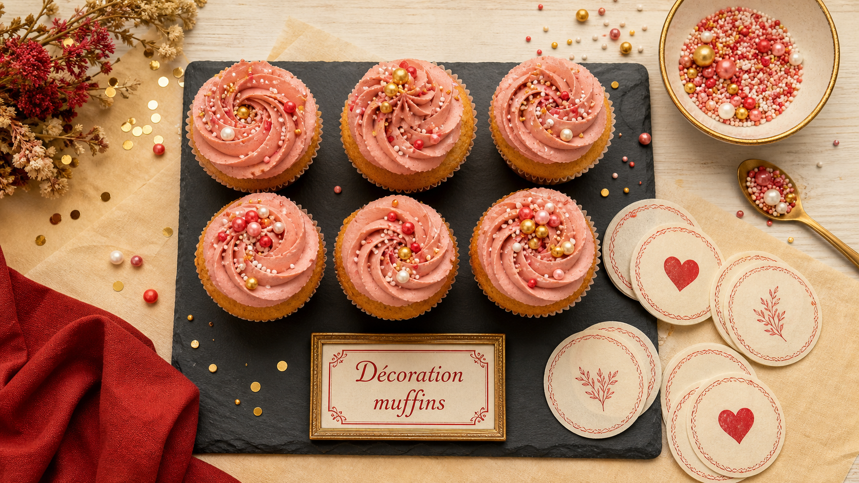 Decoration muffins : muffins au topping rose, sprinkles et disques azyme 5 cm