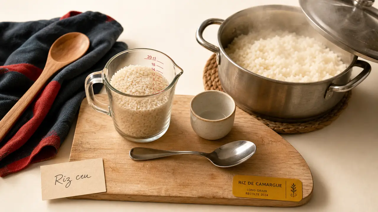 Dose de riz pour une personne : 60 g de riz cru, verre doseur et riz cuit