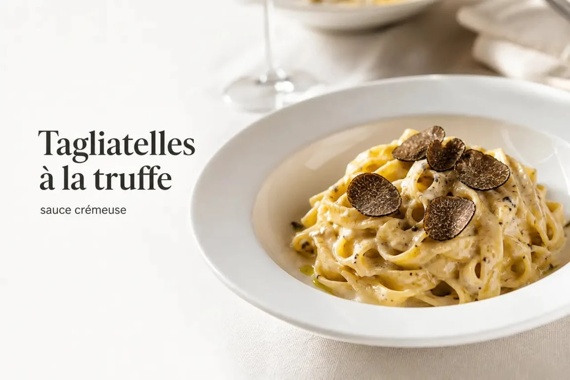 Pâte à la truffe crémeuse dressée en assiette avec lamelles de truffe