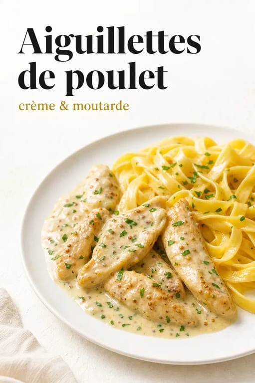 Recette d'aiguillettes de poulet à la crème et à la moutarde servie en assiette
