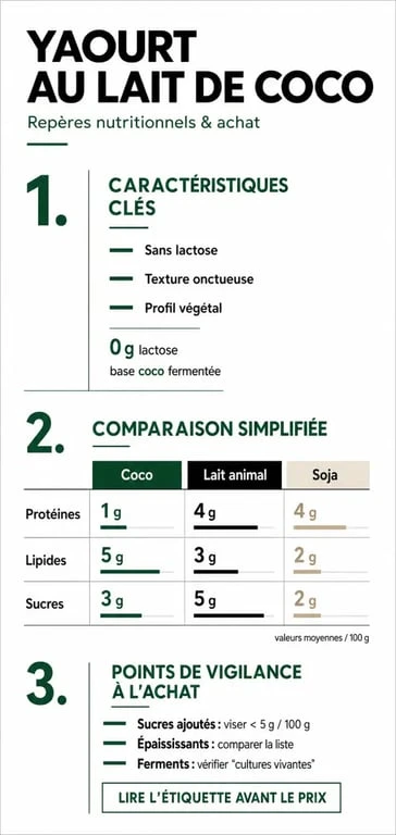 Infographie sur le yaourt lait de coco avec comparaison nutritionnelle et critères de choix