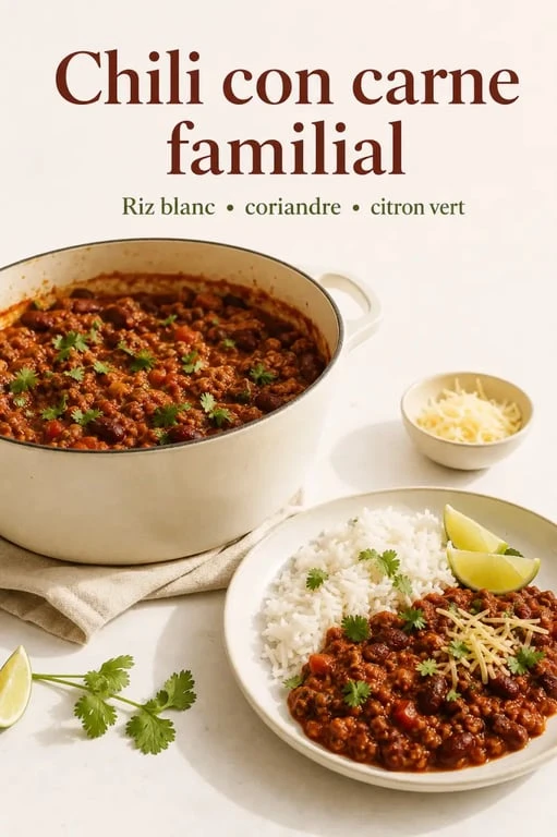 Plat unique pour 12 personnes : chili con carne familial servi dans une grande cocotte avec riz et garnitures