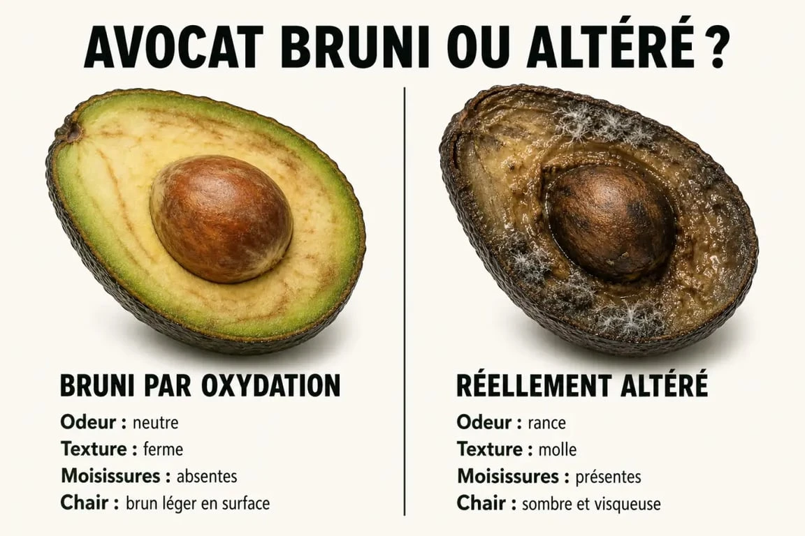 Avocat noirci comestible : comparaison visuelle entre oxydation et pourriture avec signes à vérifier