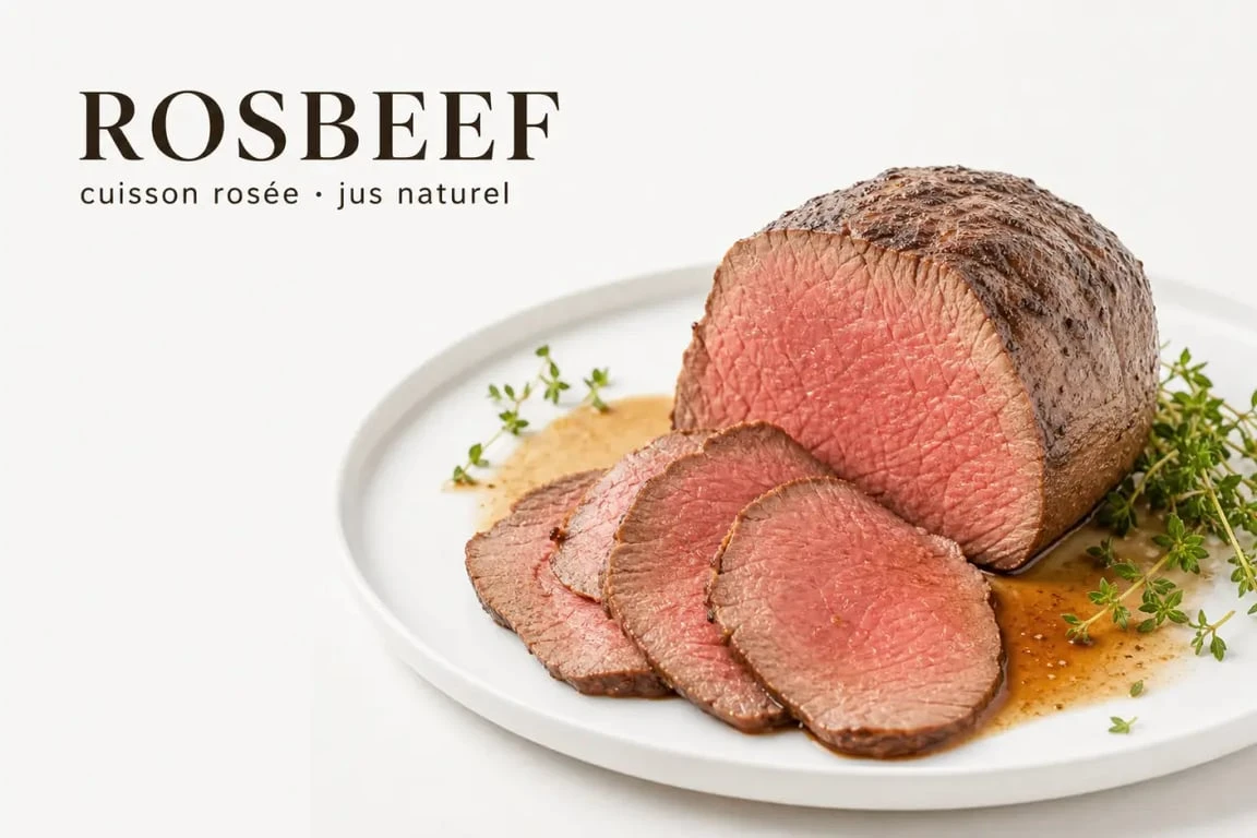 Rosbeef cuisson réussie, tranches rosées et juteuses servies sur assiette blanche