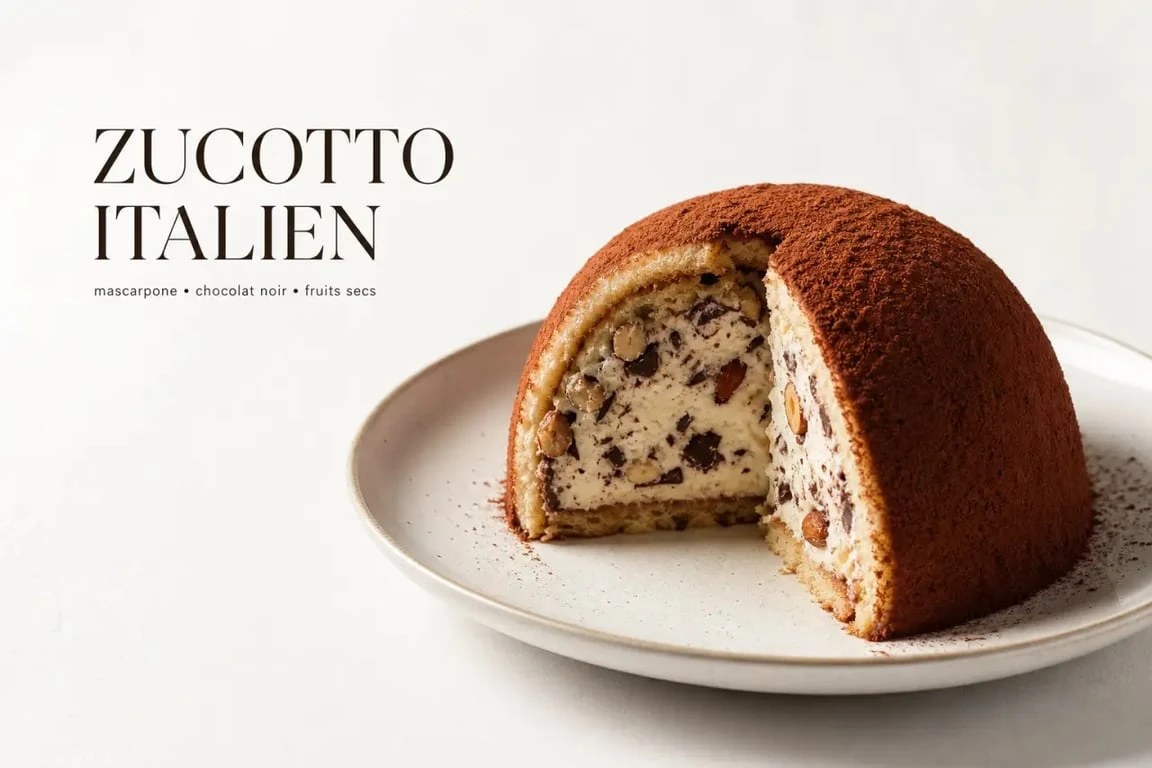 Recette zucotto présenté en dôme avec une coupe révélant la crème et le chocolat