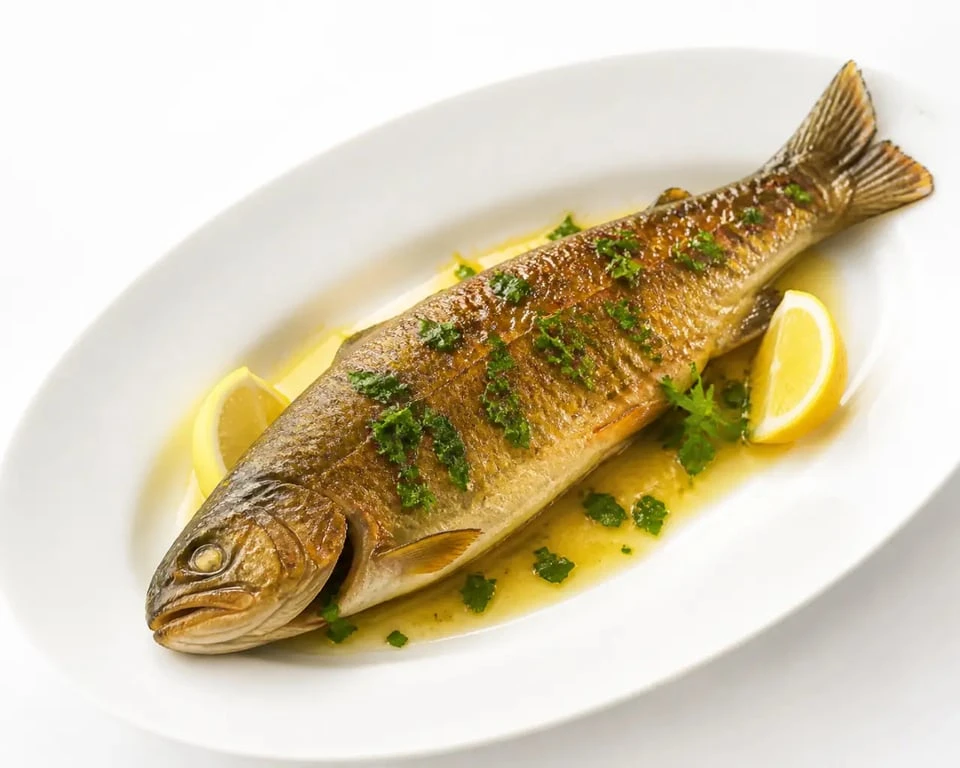 Cuisson truite poele servie façon meunière avec citron et beurre dans une assiette élégante