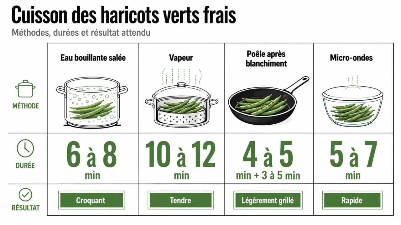 Infographie sur la cuisson haricot vert frais avec temps de cuisson selon chaque méthode