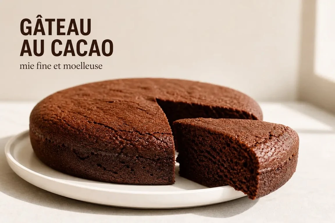 Gâteau cacao moelleux et fondant servi sur une assiette blanche