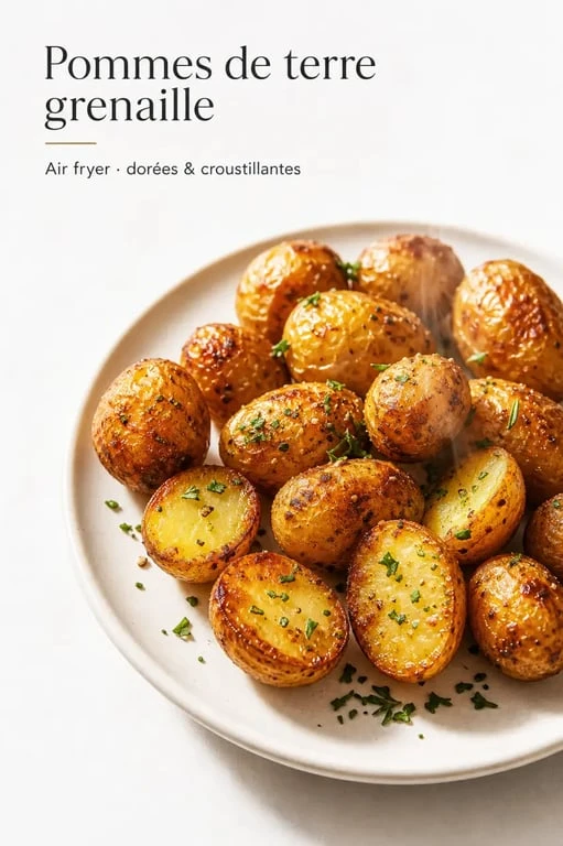 Pommes de terre pomme grenaille air fryer dorées et croustillantes servies en assiette
