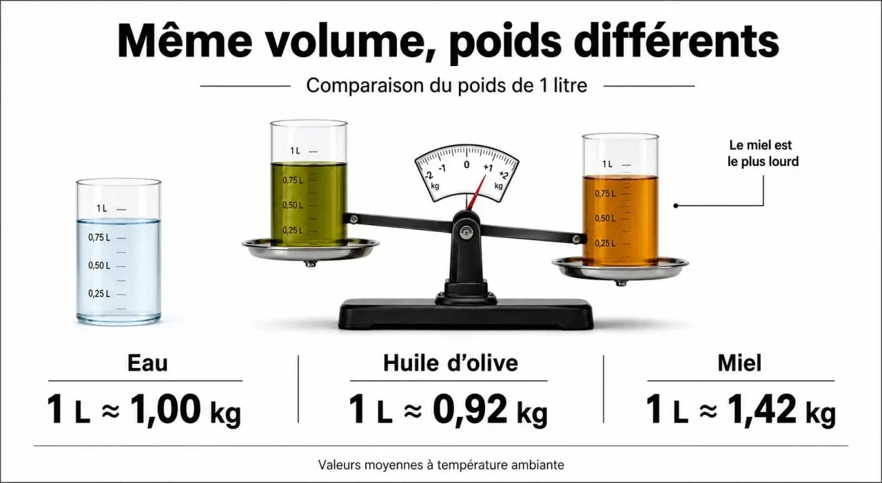 Infographie illustrant la conversion litre en kilogrammes pour différents liquides comme l'eau, l'huile et le miel