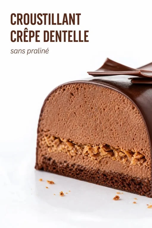 Croustillant crêpe dentelle sans praliné dans un entremets, texture chocolatée et croustillante visible