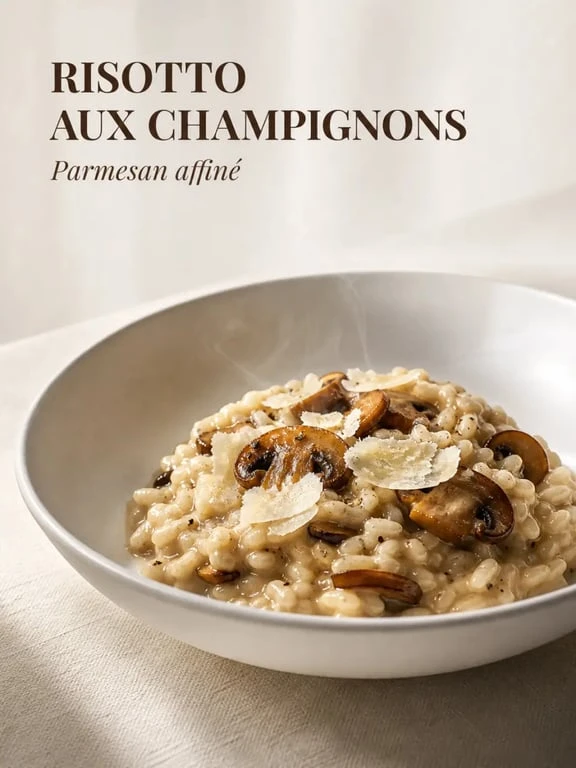 Recette de chef : risotto crémeux au parmesan et aux champignons servi dans une assiette creuse