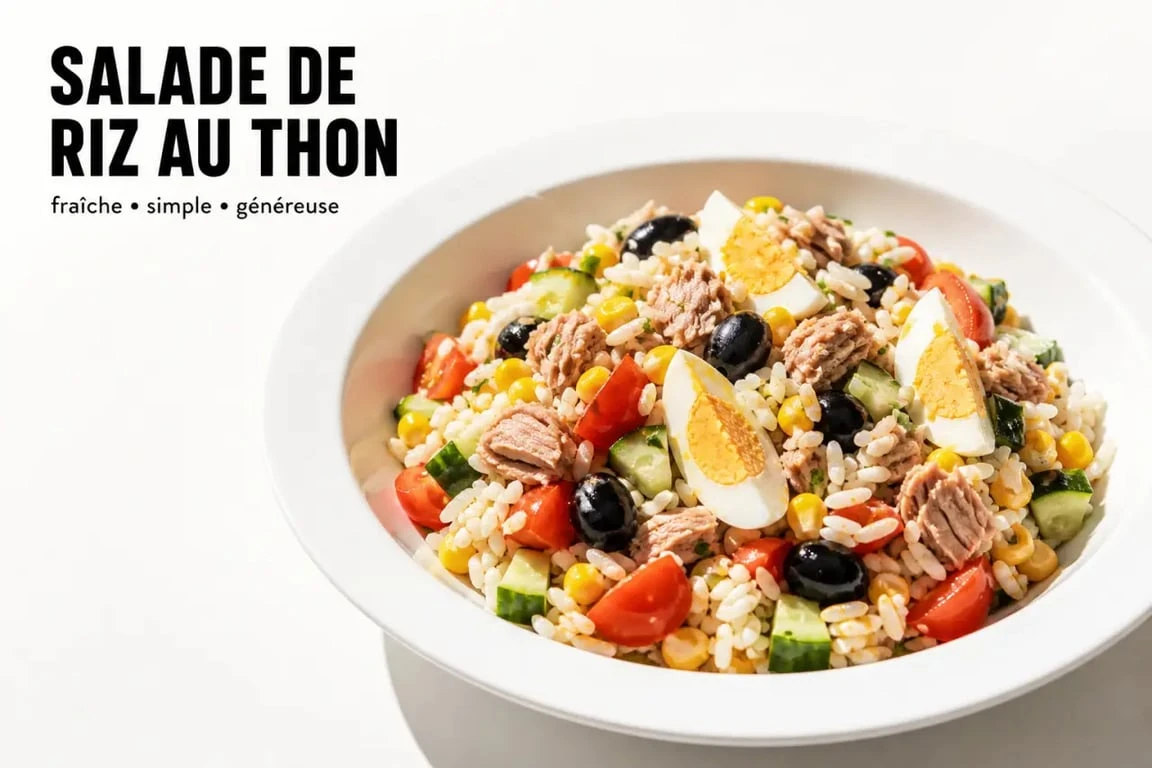 Recette salade de riz au thon dressée en salade froide avec thon, œufs, tomates et concombre