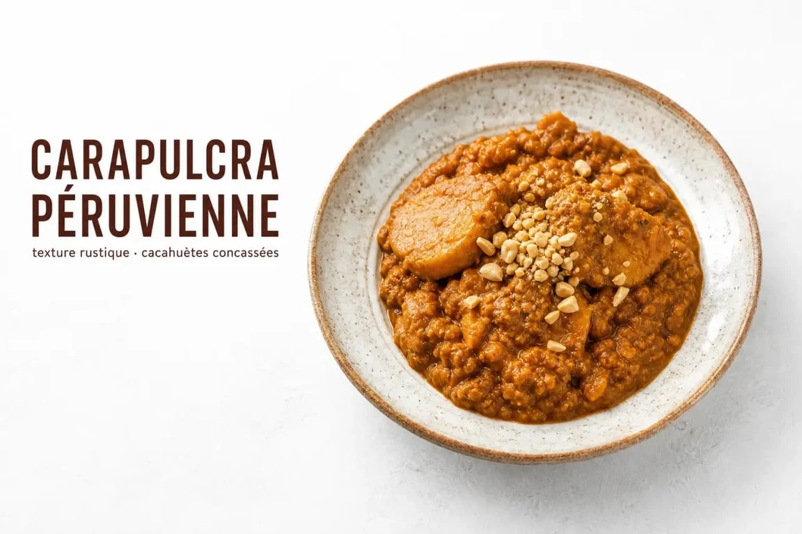 Plat traditionnel péruvien carapulcra servi dans une assiette, vue rapprochée