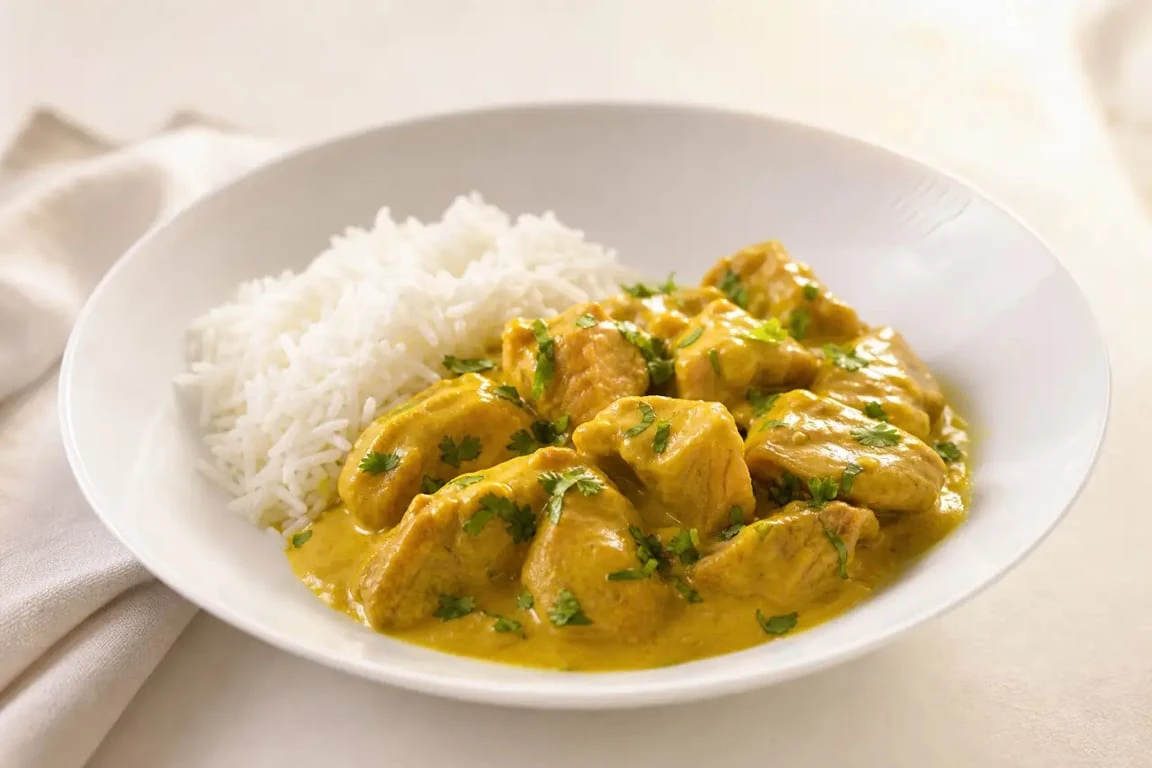 Recette sauté de porc curry au lait de coco servi avec riz basmati