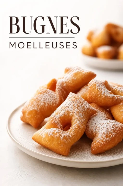 Recette des bugnes moelleuses dorées et saupoudrées de sucre glace sur une assiette
