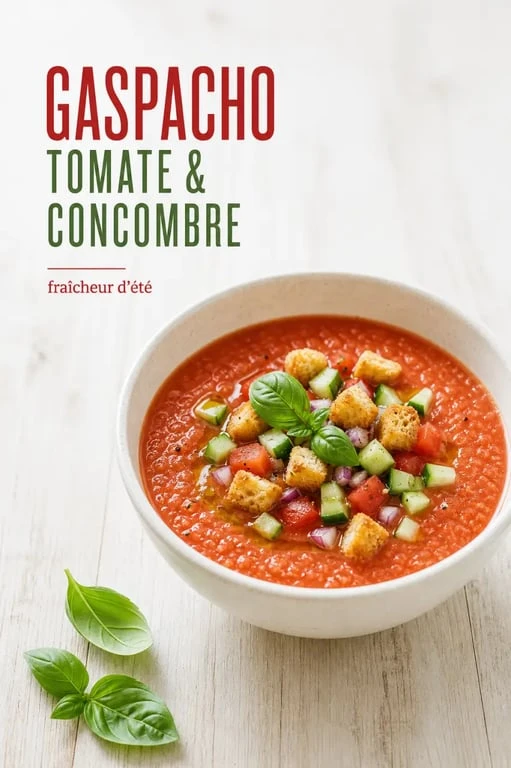 Recette de gaspacho tomate concombre servi bien frais dans un bol, avec croûtons et basilic