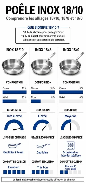 Infographie comparative sur la poele inox 18/10, 18/8 et 18/0