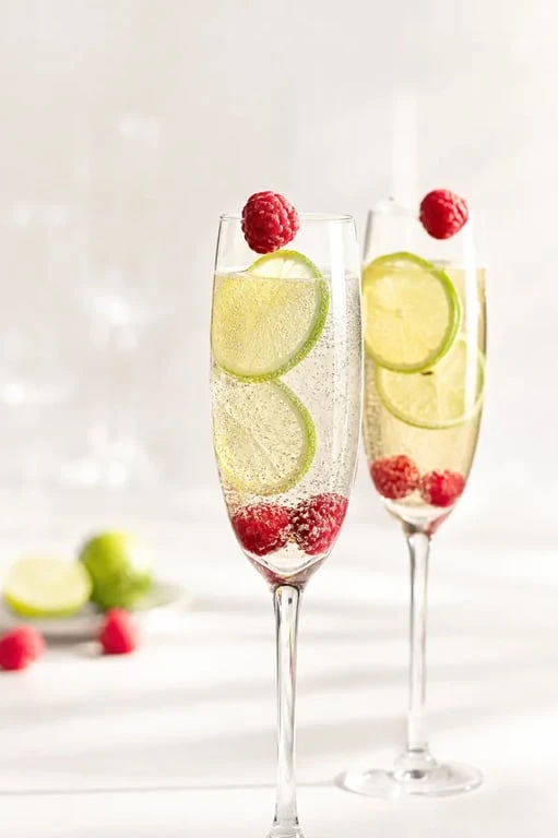 Champenoise recette de soupe champenoise servie très fraîche en flûtes, avec citron vert et framboises