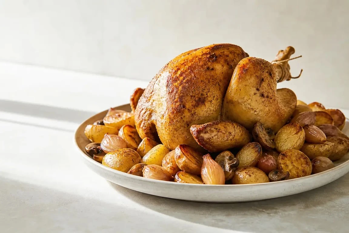 Recette de pintade rôtie au four, dorée et servie avec légumes de saison