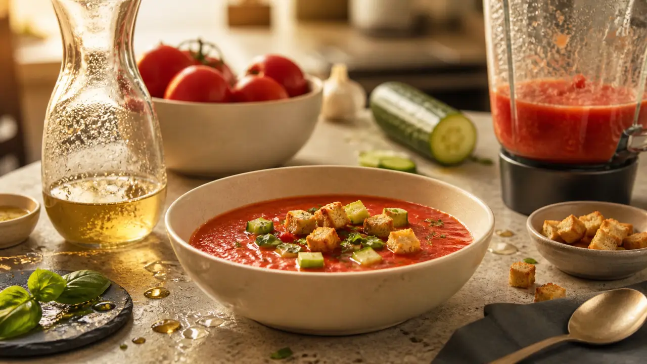 Gaspacho tomate concombre lisse, velouté rouge en bol