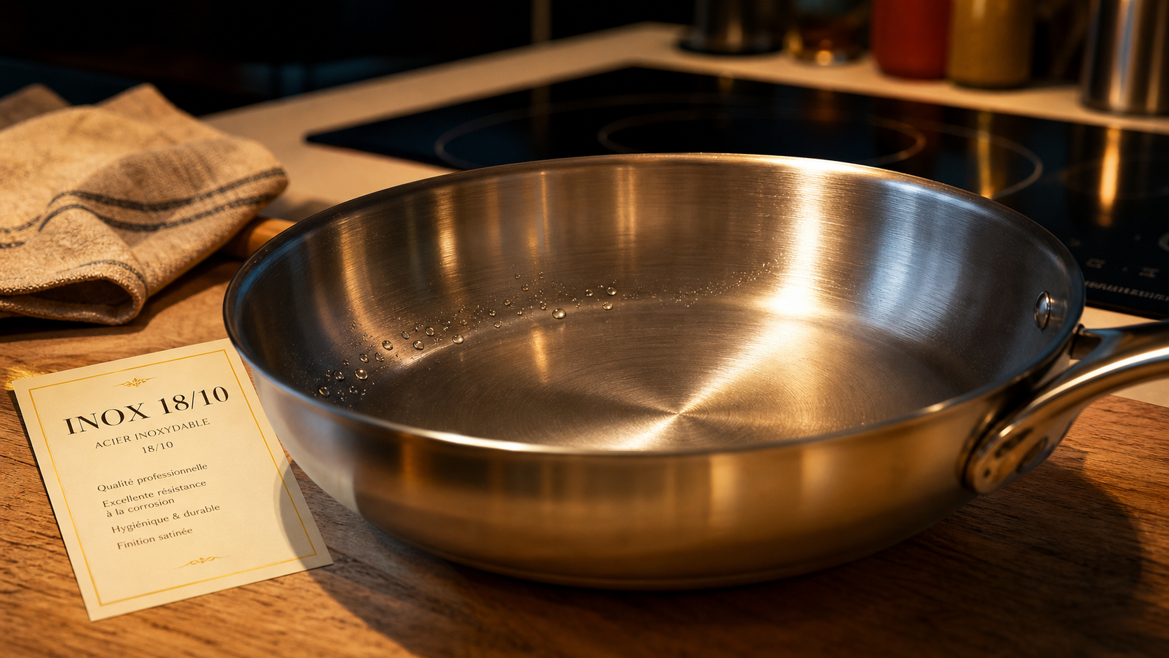 Poele inox 18/10 épaisse pour saisir et déglacer, inox durable sur induction