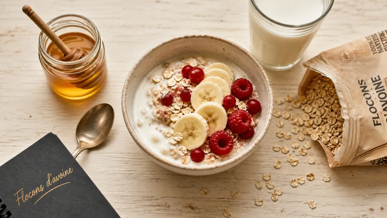 Que faire avec des flocons d avoine : bol yaourt, flocons d avoine, banane, fruits rouges