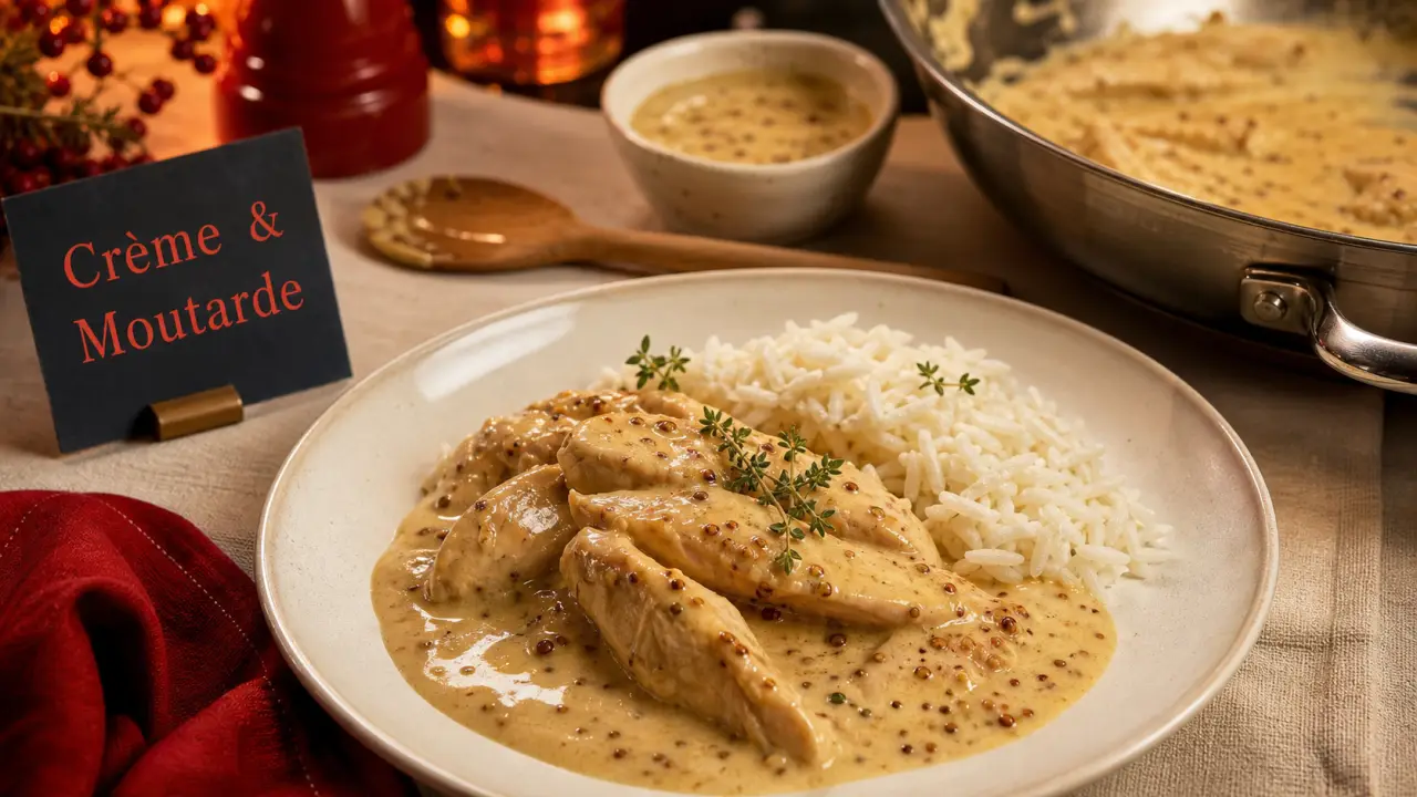 Recette d'aiguillettes de poulet crème et moutarde avec riz