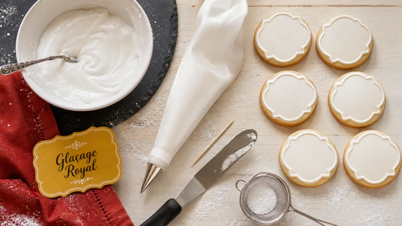 Recette glacage royale : glaçage blanc aux contours nets et texture lissée sur biscuits
