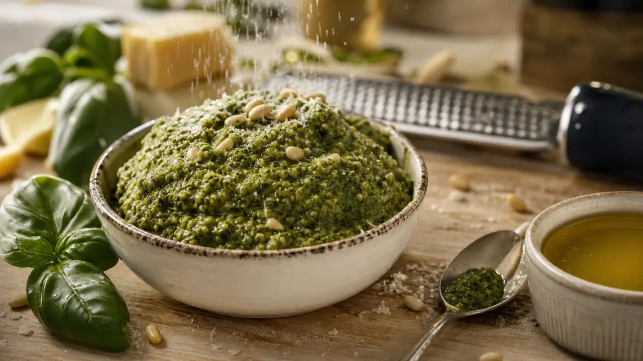 Recette pour pesto basilic maison : basilic, parmesan, huile d’olive