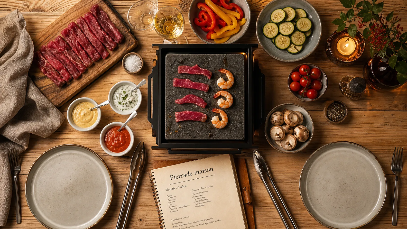 Recette pour pierrade maison : pierre chaude, viande et sauces maison