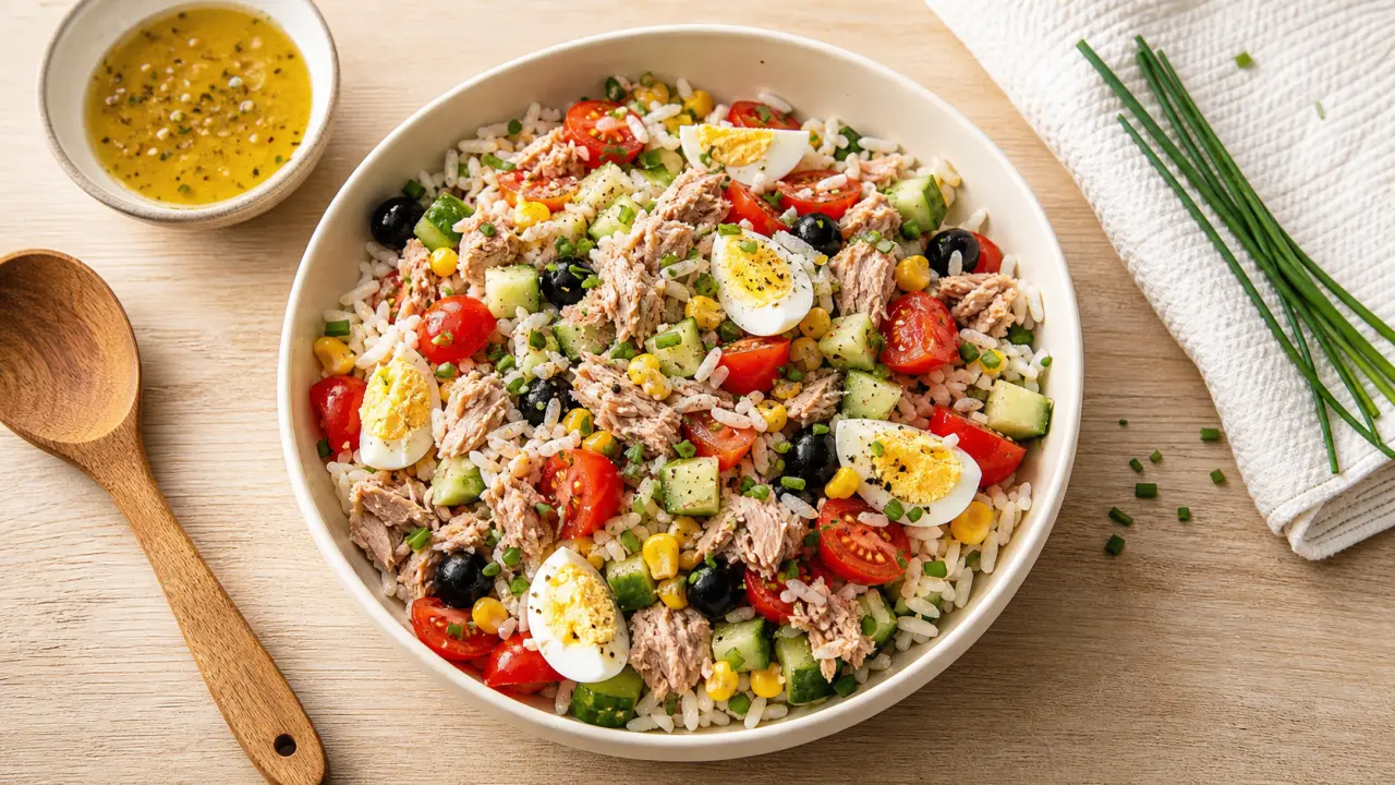 Recette salade de riz au thon, salade prête à servir avec riz, thon et vinaigrette