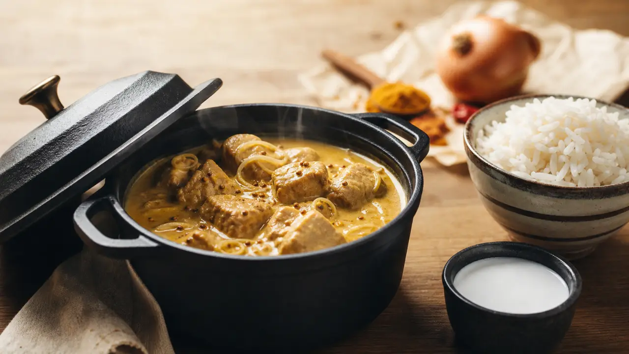 Recette sauté de porc curry au lait de coco, cocotte fumante et riz vapeur