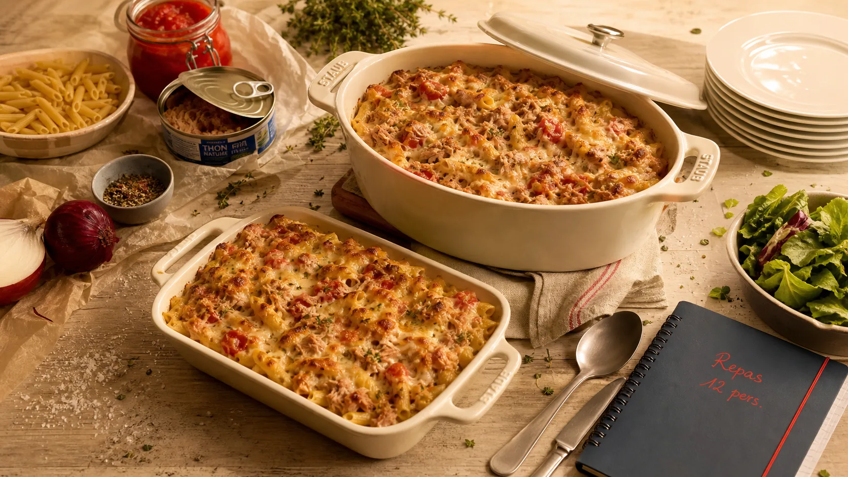 Repas pas cher pour 12 personnes : gratin de pâtes au thon