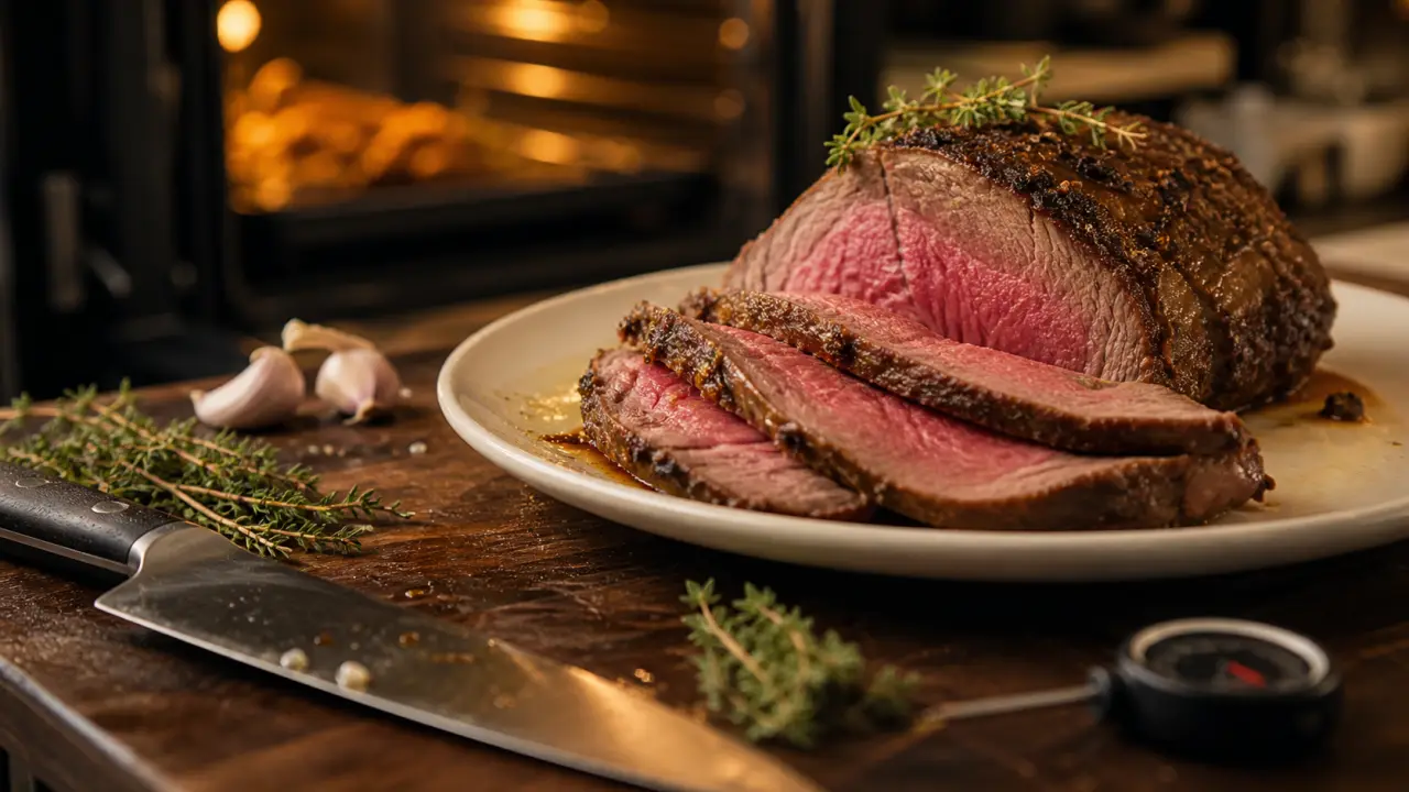 Rosbeef cuisson : tranches rosées et repos, couteau et sonde