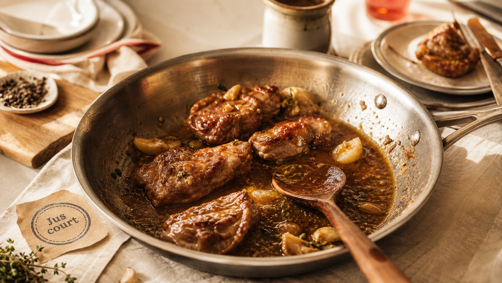 Tendrons de veau à la poêle, poêlés dorés et jus court