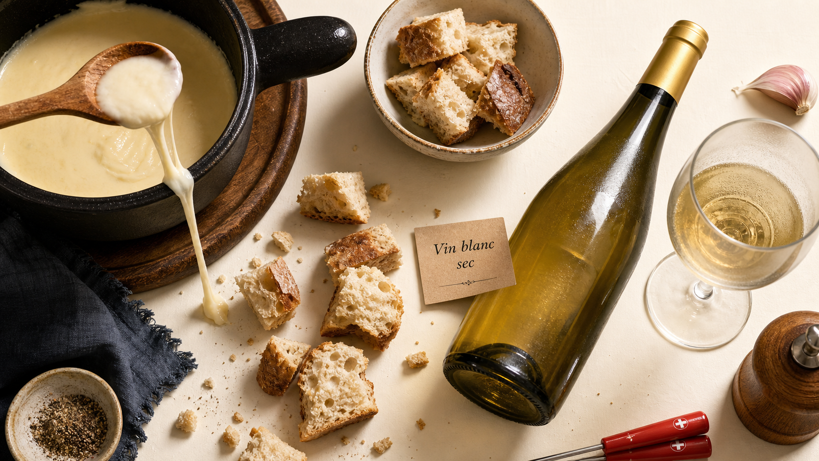 Vin blanc pour fondue : blanc sec jeune, sans fût, caquelon et fromage filant