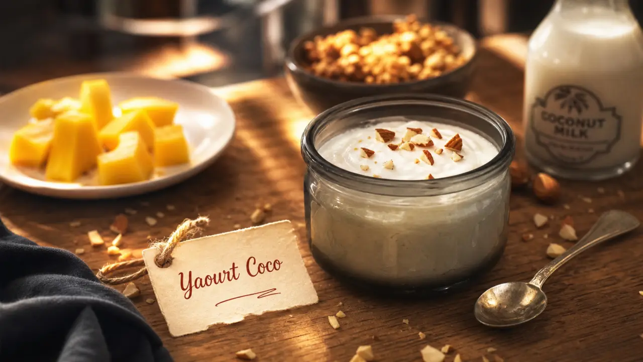 Yaourt lait de coco maison crémeux sans lactose, pot en verre et mangue