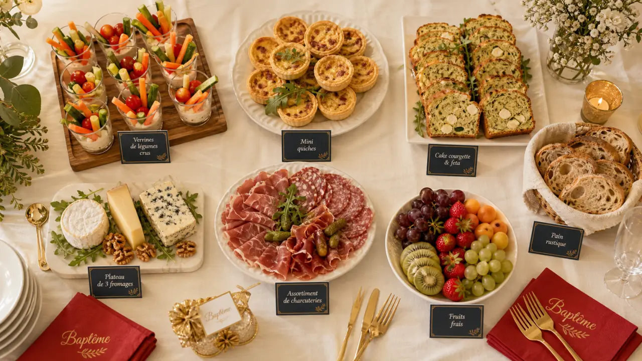 Buffet froid pour un bapteme : verrines, mini-quiches et fromages sur table