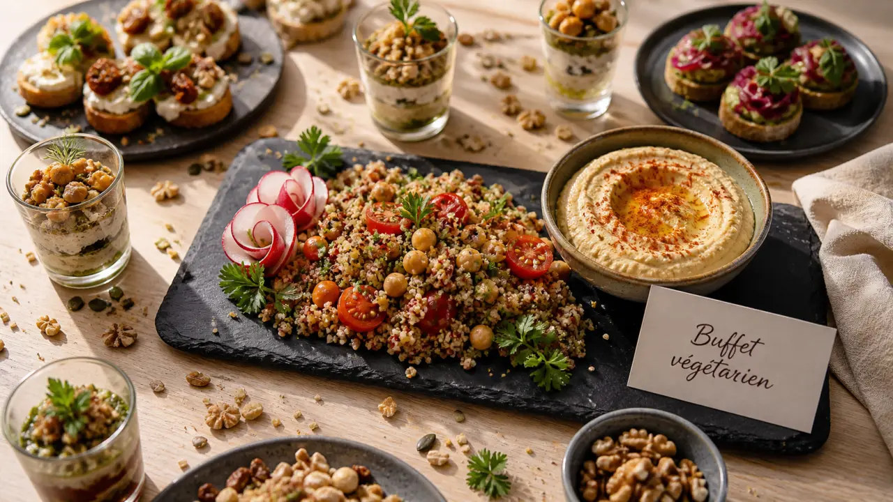 Buffet froid végétarien gourmand : salade de quinoa, houmous, pois chiches