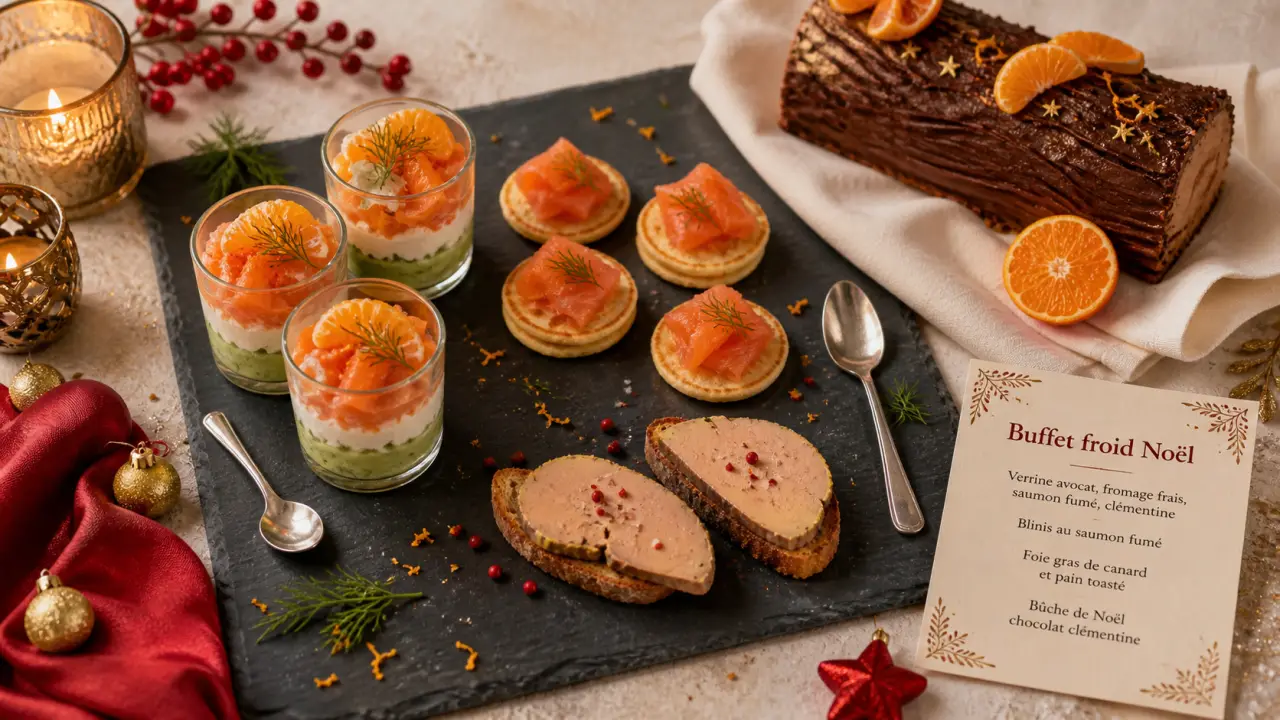Buffet noël froid : verrines saumon, foie gras et bûche aux clémentines