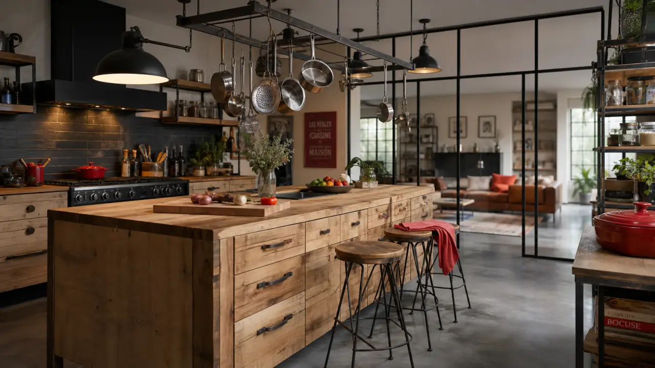 Cuisine atelier avec verrière noire et métal noir, lumière naturelle