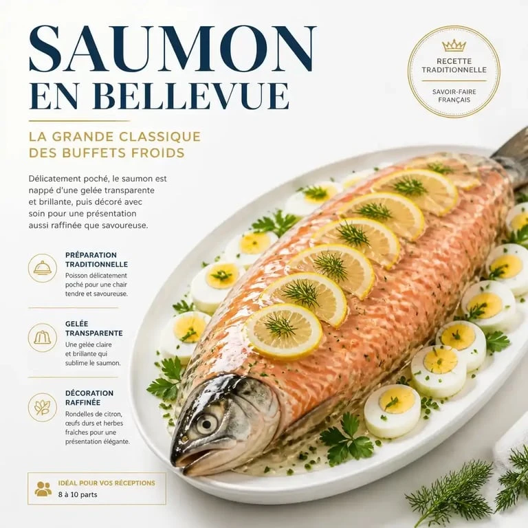 Saumon en Bellevue décoré pour un buffet froid