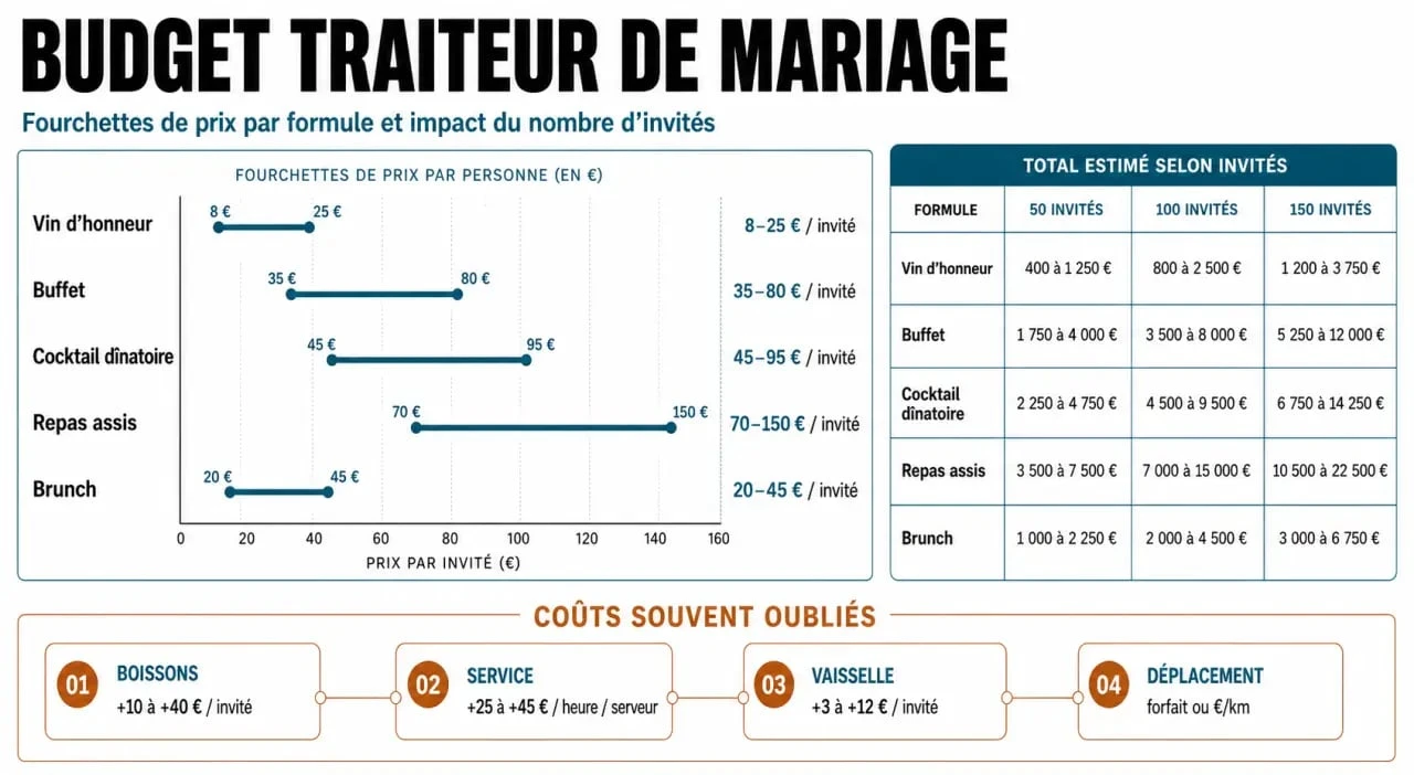 Infographie sur le traiteur prix mariage avec fourchettes de prix par formule et coûts cachés
