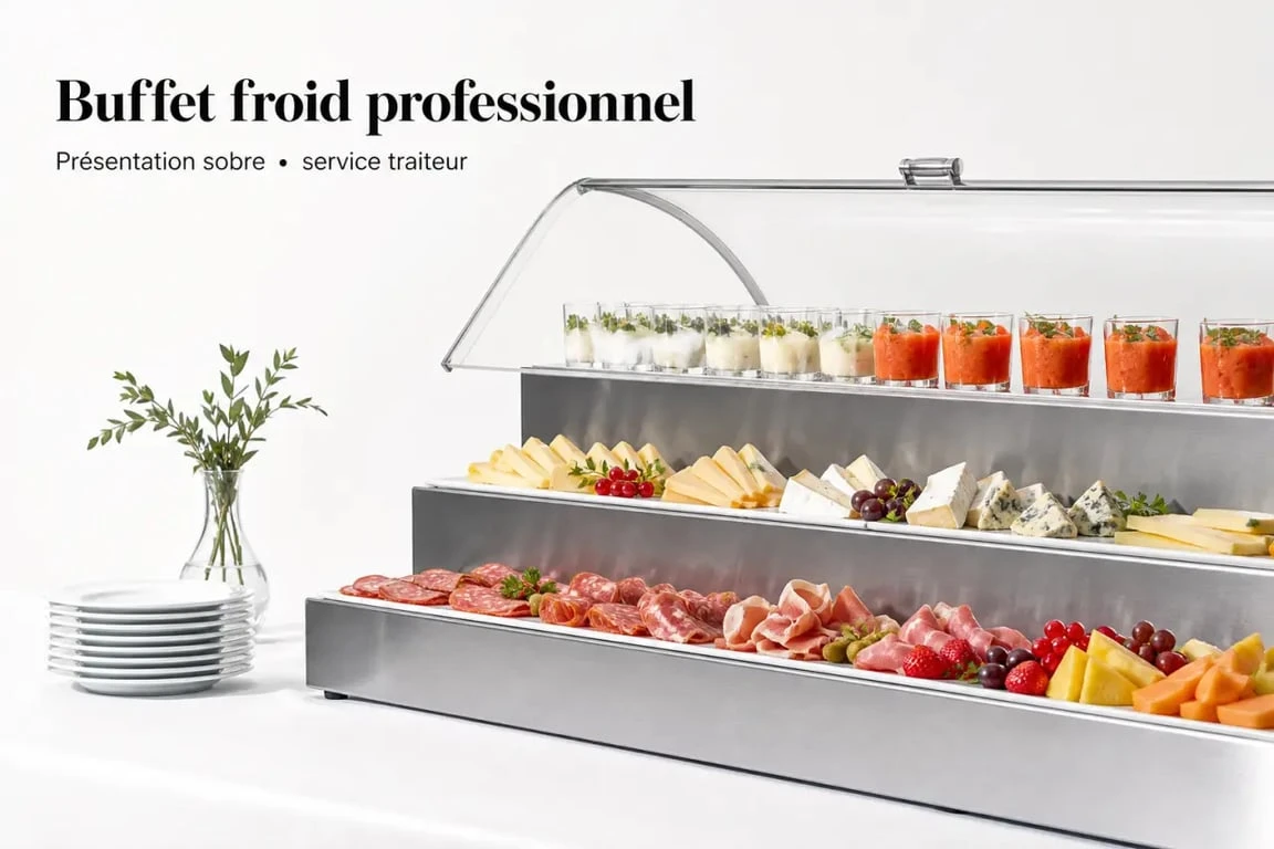 Présentoir buffet froid en service sur table de petit déjeuner d’hôtel avec verrines et fromages