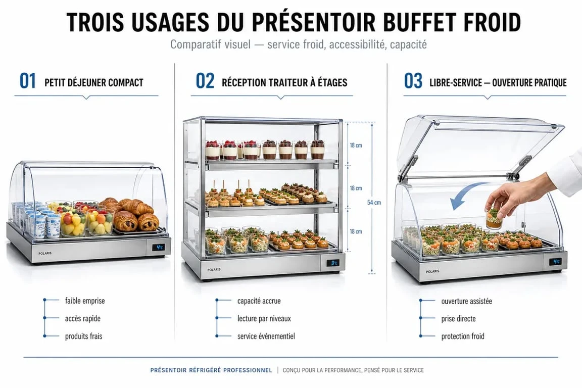 Comparatif de présentoir buffet froid selon les usages petit déjeuner, traiteur et libre-service