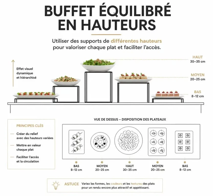 Mise en scène et présentation d'un buffet froid avec différents niveaux