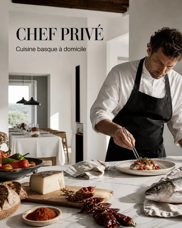 Cuisine du terroir pays basque à domicile : chef privé préparant un repas sur place dans une villa