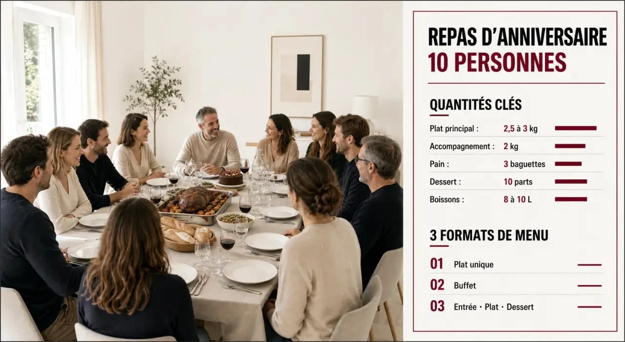 Repas d anniversaire pour 10 personnes : table festive, plat généreux et repères de quantités