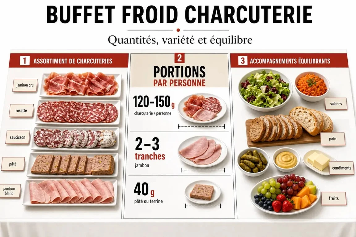 Buffet froid charcuterie avec repères de quantités et dressage de table